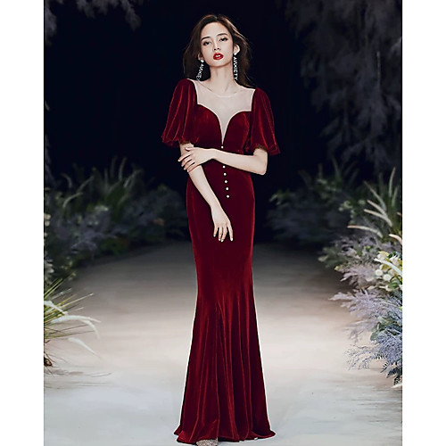 Mermaid / Trumpet Elegant Vintage Prom Formal Evening Dress Illusion Neck 3/4 Length Sleeve Floor Length Satin Velvet with Buttons 2021
Mermaid / Trumpet Elegant Vintage Prom Formal Evening Dress Illusion Neck 3/4 Length Sleeve Floor Length Satin Velvet with Buttons 2021