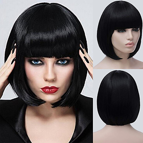 short bob wigs black wig for women with bangs straight synthetic wig natural as real hair 12'' bu027bk
short bob wigs black wig for women with bangs straight synthetic wig natural as real hair 12'' bu027bk