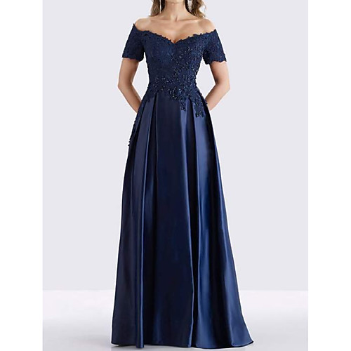 A-Line Mother of the Bride Dress Elegant Off Shoulder Floor Length Lace Satin Short Sleeve with Pleats Beading 2021
A-Line Mother of the Bride Dress Elegant Off Shoulder Floor Length Lace Satin Short Sleeve with Pleats Beading 2021