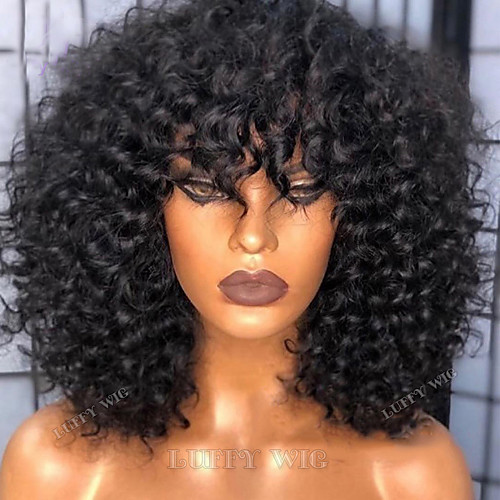 

Human Hair 100% Hand Tied Wig Neat Bang With Bangs style Brazilian Hair Curly Natural Black Wig 180% Density Women Medium Size Natural Hairline For Black Women Women's Short Long Medium Length Human