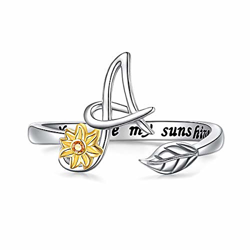 

sterling silver gold tone sunflower initial 26 letter script name alphabet a resizable ring for size 5-9