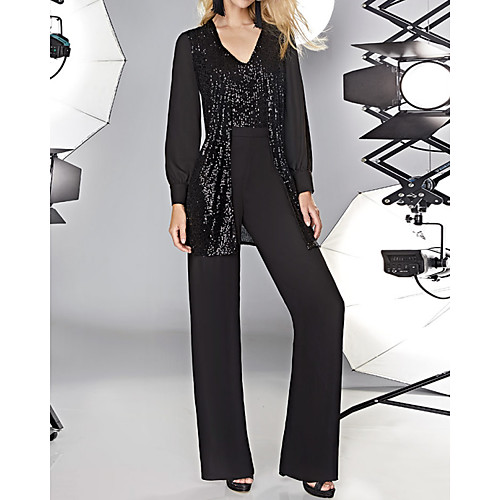 Two Piece Pantsuit / Jumpsuit Mother of the Bride Dress Elegant V Neck Floor Length Knee Length Chiffon Sequined Long Sleeve with Color Block 2021
Two Piece Pantsuit / Jumpsuit Mother of the Bride Dress Elegant V Neck Floor Length Knee Length Chiffon Sequined Long Sleeve with Color Block 2021
