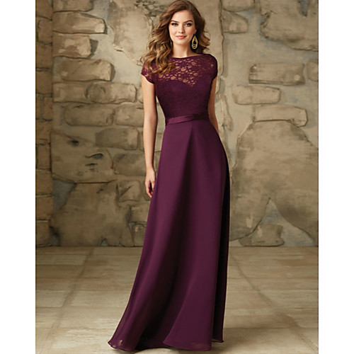 A-Line Bateau Neck Floor Length Chiffon / Lace Bridesmaid Dress with Sash / Ribbon / Open Back
A-Line Bateau Neck Floor Length Chiffon / Lace Bridesmaid Dress with Sash / Ribbon / Open Back