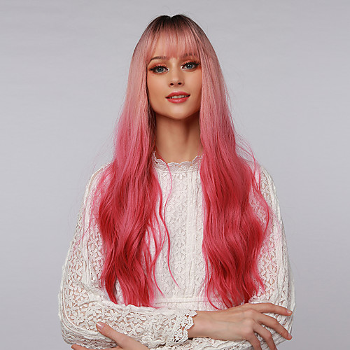 

Cosplay Costume Wig Synthetic Wig Ombre Curly Water Wave Neat Bang With Bangs Wig Very Long Ombre Pink Synthetic Hair 24 inch Women's Cosplay Color Gradient Dark Roots Pink Ombre BLONDE UNICORN