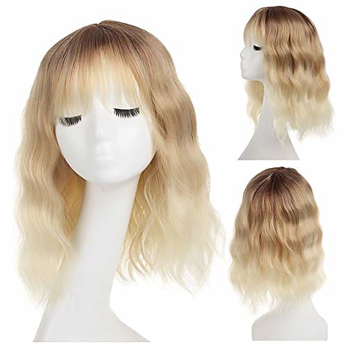 

blonde wig with fringe 14'' short curly wig dark root natural wavy heat resistant wigs for woman natural ombre short bob with bang/ombre blonde