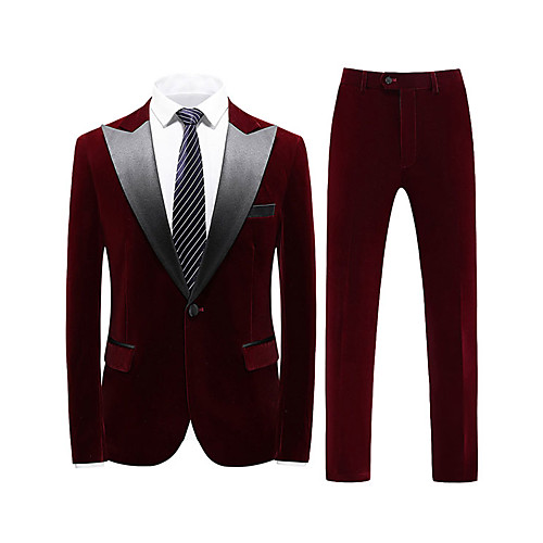 

Black / Red / Burgundy Solid Colored Tailored Fit Spandex / Polyester Suit - Peak Single Breasted One-button