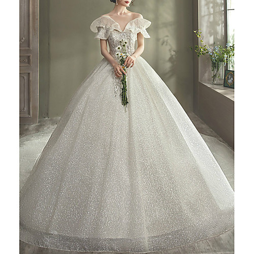 Ball Gown Wedding Dresses Off Shoulder Watteau Train Tulle Short Sleeve Formal Luxurious Sparkle & Shine with Pleats Ruffles 2021
Ball Gown Wedding Dresses Off Shoulder Watteau Train Tulle Short Sleeve Formal Luxurious Sparkle & Shine with Pleats Ruffles 2021