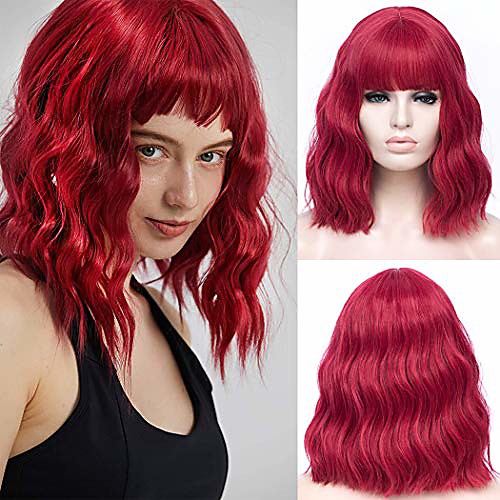

hot red wigs for women short wavy burgundy bob wigs with bang synthetic cosplay wig halloween costume women wig (red#288)