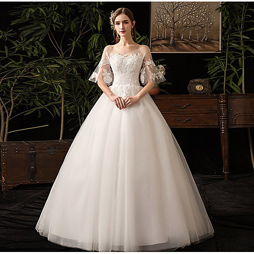 Princess Ball Gown Wedding Dresses Jewel Neck Floor Length Lace Tulle Half Sleeve Formal Romantic Luxurious with Appliques 2021
Princess Ball Gown Wedding Dresses Jewel Neck Floor Length Lace Tulle Half Sleeve Formal Romantic Luxurious with Appliques 2021