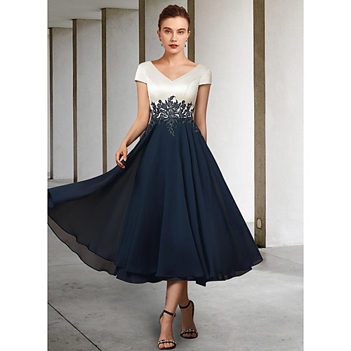 A-Line Mother of the Bride Dress Elegant V Neck Tea Length Chiffon Lace Satin Short Sleeve with Pleats Appliques 2021
A-Line Mother of the Bride Dress Elegant V Neck Tea Length Chiffon Lace Satin Short Sleeve with Pleats Appliques 2021