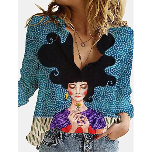 Women's Blouse Shirt Portrait Long Sleeve Print Shirt Collar Tops Basic Top Blue Green
Women's Blouse Shirt Portrait Long Sleeve Print Shirt Collar Tops Basic Top Blue Green