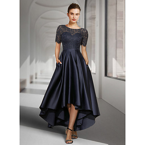 A-Line Mother of the Bride Dress Elegant Jewel Neck Asymmetrical Lace Satin Short Sleeve with Pleats 2021
A-Line Mother of the Bride Dress Elegant Jewel Neck Asymmetrical Lace Satin Short Sleeve with Pleats 2021