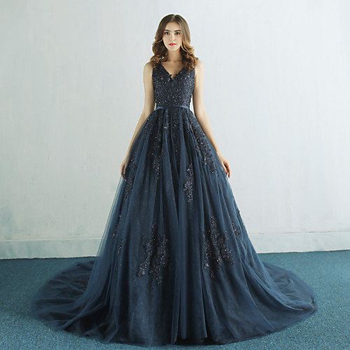 Ball Gown Glittering Luxurious Engagement Prom Dress V Neck Sleeveless Court Train Tulle with Sash / Ribbon Appliques 2021
Ball Gown Glittering Luxurious Engagement Prom Dress V Neck Sleeveless Court Train Tulle with Sash / Ribbon Appliques 2021