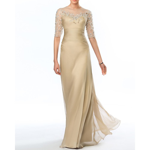 

Sheath / Column Empire Elegant Wedding Guest Formal Evening Dress Illusion Neck Half Sleeve Floor Length Taffeta Tulle with Crystals 2021