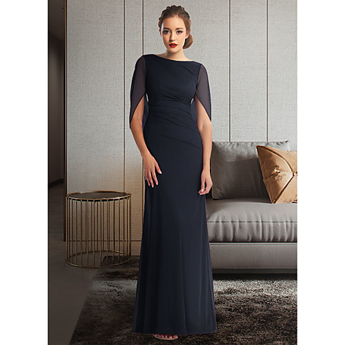 

Sheath / Column Mother of the Bride Dress Elegant Jewel Neck Ankle Length Chiffon Half Sleeve with Pleats Ruching 2021