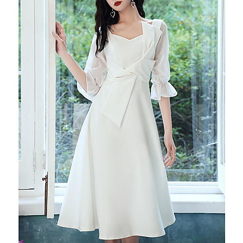 A-Line Wedding Dresses Bateau Neck Tea Length Stretch Fabric Half Sleeve Romantic Simple with Bow(s) 2021
A-Line Wedding Dresses Bateau Neck Tea Length Stretch Fabric Half Sleeve Romantic Simple with Bow(s) 2021