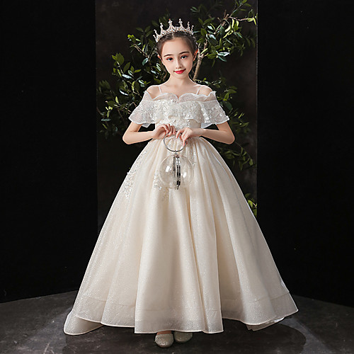 Ball Gown Sweep / Brush Train Formal Evening / Pageant Flower Girl Dresses - Tulle / Sequined Short Sleeve Spaghetti Strap / Off Shoulder with Beading / Appliques / Solid
Ball Gown Sweep / Brush Train Formal Evening / Pageant Flower Girl Dresses - Tulle / Sequined Short Sleeve Spaghetti Strap / Off Shoulder with Beading / Appliques / Solid