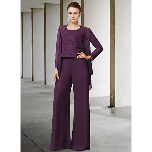 Pantsuit / Jumpsuit Mother of the Bride Dress Elegant Jewel Neck Floor Length Chiffon Lace Sleeveless with Appliques 2021
Pantsuit / Jumpsuit Mother of the Bride Dress Elegant Jewel Neck Floor Length Chiffon Lace Sleeveless with Appliques 2021