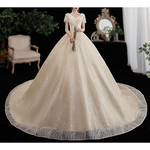 Princess Ball Gown Wedding Dresses V Neck Court Train Lace Sequined Short Sleeve Formal Luxurious Sparkle & Shine with Sequin Appliques 2021
Princess Ball Gown Wedding Dresses V Neck Court Train Lace Sequined Short Sleeve Formal Luxurious Sparkle & Shine with Sequin Appliques 2021