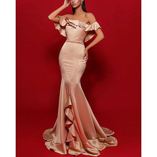 Mermaid / Trumpet Minimalist Sexy Engagement Formal Evening Dress Off Shoulder Sleeveless Sweep / Brush Train Stretch Satin with Ruffles 2021
Mermaid / Trumpet Minimalist Sexy Engagement Formal Evening Dress Off Shoulder Sleeveless Sweep / Brush Train Stretch Satin with Ruffles 2021