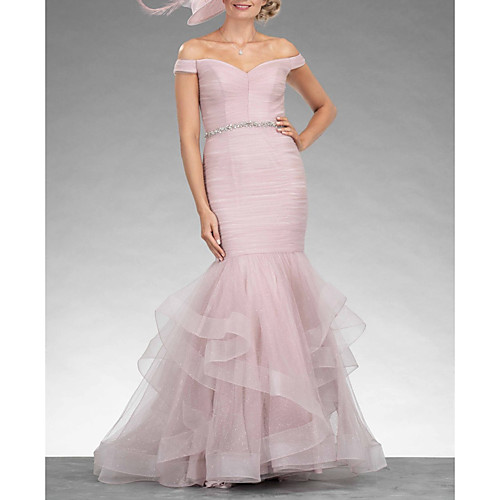 Mermaid / Trumpet Mother of the Bride Dress Elegant Sexy Off Shoulder Floor Length Tulle Short Sleeve with Tier Crystal Brooch Ruching 2021
Mermaid / Trumpet Mother of the Bride Dress Elegant Sexy Off Shoulder Floor Length Tulle Short Sleeve with Tier Crystal Brooch Ruching 2021