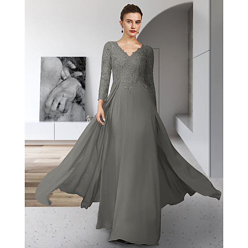Sheath / Column Mother of the Bride Dress Elegant V Neck Floor Length Chiffon Lace 3/4 Length Sleeve with Pleats Appliques 2021
Sheath / Column Mother of the Bride Dress Elegant V Neck Floor Length Chiffon Lace 3/4 Length Sleeve with Pleats Appliques 2021