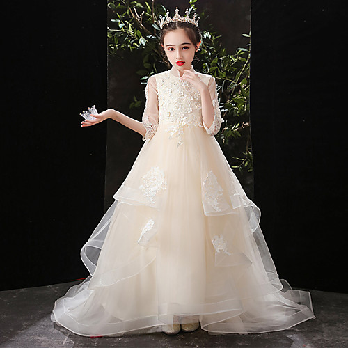 Princess Sweep / Brush Train Formal Evening / Pageant Flower Girl Dresses - Tulle 3/4 Length Sleeve High Neck with Beading / Appliques / Solid
Princess Sweep / Brush Train Formal Evening / Pageant Flower Girl Dresses - Tulle 3/4 Length Sleeve High Neck with Beading / Appliques / Solid
