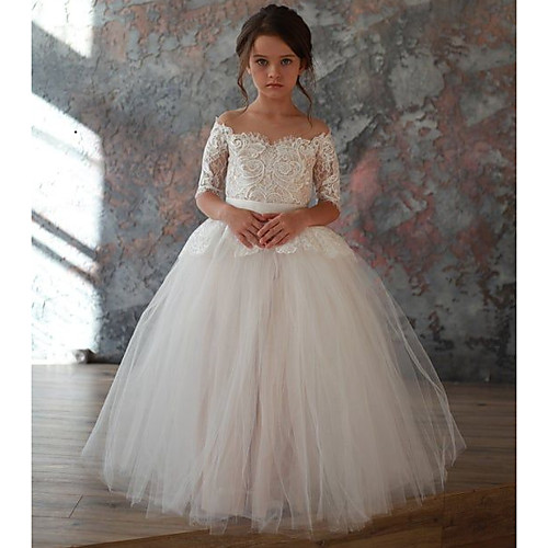 Princess / Ball Gown Floor Length Wedding / Party Flower Girl Dresses - Lace / Tulle Half Sleeve Off Shoulder with Bow(s) / Solid
Princess / Ball Gown Floor Length Wedding / Party Flower Girl Dresses - Lace / Tulle Half Sleeve Off Shoulder with Bow(s) / Solid