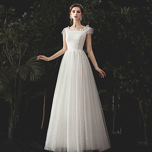A-Line Wedding Dresses Square Neck Floor Length Lace Tulle Short Sleeve Romantic Simple with Appliques 2021
A-Line Wedding Dresses Square Neck Floor Length Lace Tulle Short Sleeve Romantic Simple with Appliques 2021