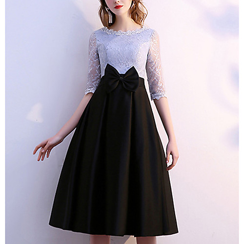 A-Line Mother of the Bride Dress Elegant Jewel Neck Tea Length Lace Satin Half Sleeve with Bow(s) 2021
A-Line Mother of the Bride Dress Elegant Jewel Neck Tea Length Lace Satin Half Sleeve with Bow(s) 2021