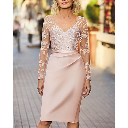 Sheath / Column Mother of the Bride Dress Elegant V Neck Knee Length Lace Satin Long Sleeve with Sash / Ribbon Appliques 2021
Sheath / Column Mother of the Bride Dress Elegant V Neck Knee Length Lace Satin Long Sleeve with Sash / Ribbon Appliques 2021