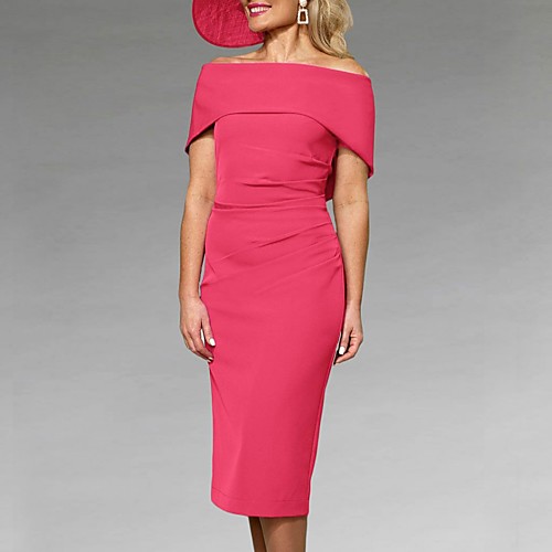 Sheath / Column Mother of the Bride Dress Elegant Off Shoulder Tea Length Stretch Fabric Short Sleeve with Ruching 2021
Sheath / Column Mother of the Bride Dress Elegant Off Shoulder Tea Length Stretch Fabric Short Sleeve with Ruching 2021