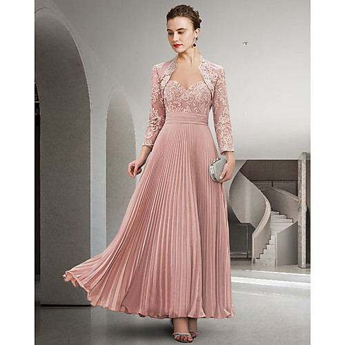 Two Piece A-Line Mother of the Bride Dress Elegant Sweetheart Neckline Floor Length Chiffon Lace Long Sleeve with Pleats Appliques 2021
Two Piece A-Line Mother of the Bride Dress Elegant Sweetheart Neckline Floor Length Chiffon Lace Long Sleeve with Pleats Appliques 2021