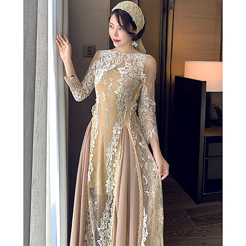 A-Line Sexy Floral Wedding Guest Formal Evening Dress Illusion Neck 3/4 Length Sleeve Floor Length Lace with Pleats Lace Insert 2021
A-Line Sexy Floral Wedding Guest Formal Evening Dress Illusion Neck 3/4 Length Sleeve Floor Length Lace with Pleats Lace Insert 2021