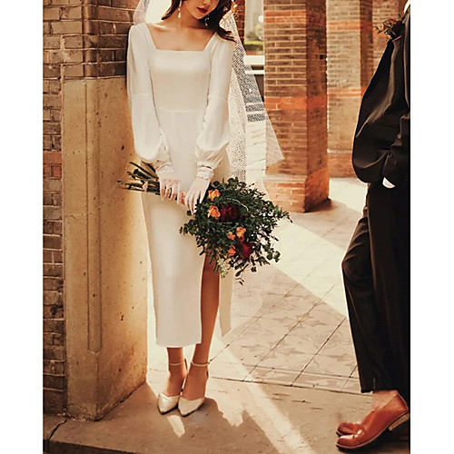 Sheath / Column Wedding Dresses Square Neck Ankle Length Satin Long Sleeve Simple Vintage Little White Dress with Split Front 2021
Sheath / Column Wedding Dresses Square Neck Ankle Length Satin Long Sleeve Simple Vintage Little White Dress with Split Front 2021