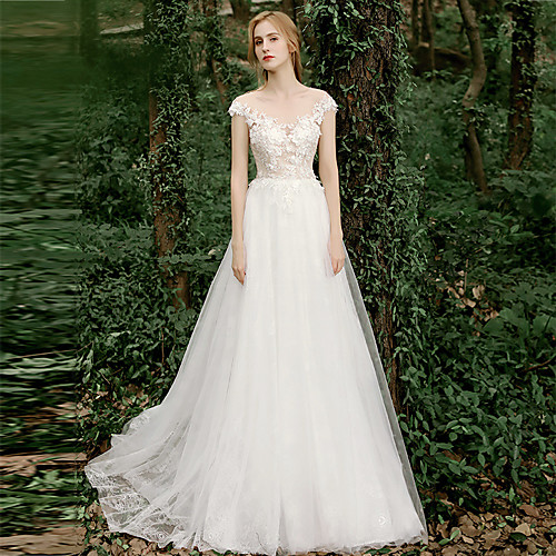 A-Line Wedding Dresses Jewel Neck Sweep / Brush Train Lace Tulle Short Sleeve Country Romantic with Appliques 2021
A-Line Wedding Dresses Jewel Neck Sweep / Brush Train Lace Tulle Short Sleeve Country Romantic with Appliques 2021