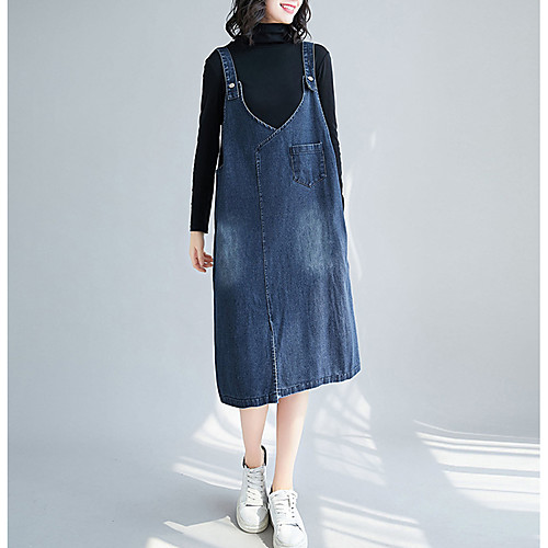 Women's Denim Overall Pinafore Dress Midi Dress Blue Sleeveless Solid Color Pocket Fall Spring V Neck Casual 2021 M L XL XXL
Women's Denim Overall Pinafore Dress Midi Dress Blue Sleeveless Solid Color Pocket Fall Spring V Neck Casual 2021 M L XL XXL
