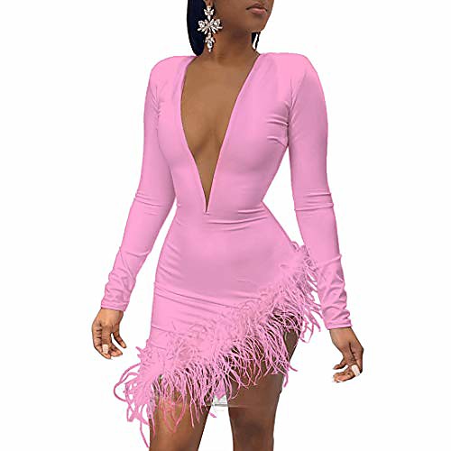 Women Sexy Mini Feather Dress Deep V Neck Long Sleeve Mesh Patchwork Solid Party Club Bodycon Dresses Pink M
Women Sexy Mini Feather Dress Deep V Neck Long Sleeve Mesh Patchwork Solid Party Club Bodycon Dresses Pink M