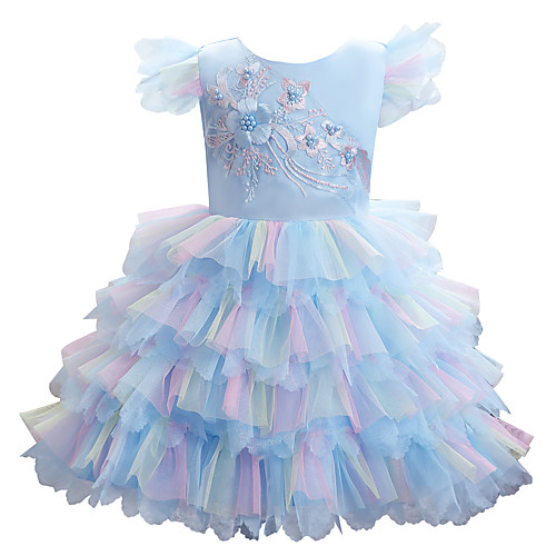 

Ball Gown Knee Length Wedding / Event / Party Flower Girl Dresses - Tulle / Polyester Sleeveless Jewel Neck with Beading / Tier / Embroidery