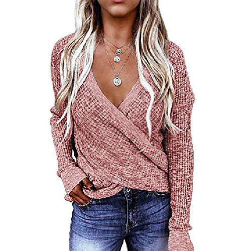 

dokotoo women cute sweaters winter fall deep v neck wrap chunky cable knit thick short fuzzy pullover sweater long sleeve jumper tops pink
