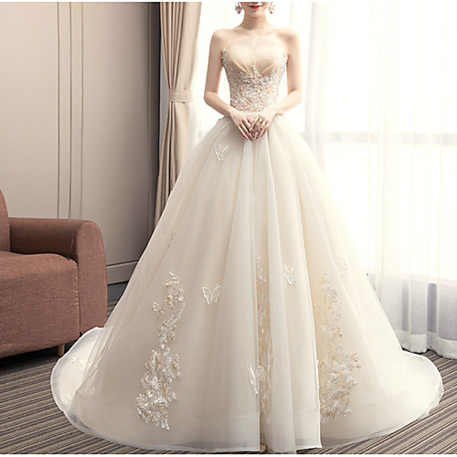 Princess Ball Gown Wedding Dresses Strapless Chapel Train Lace Tulle Sleeveless Formal Romantic with Beading Sequin Appliques 2021
Princess Ball Gown Wedding Dresses Strapless Chapel Train Lace Tulle Sleeveless Formal Romantic with Beading Sequin Appliques 2021