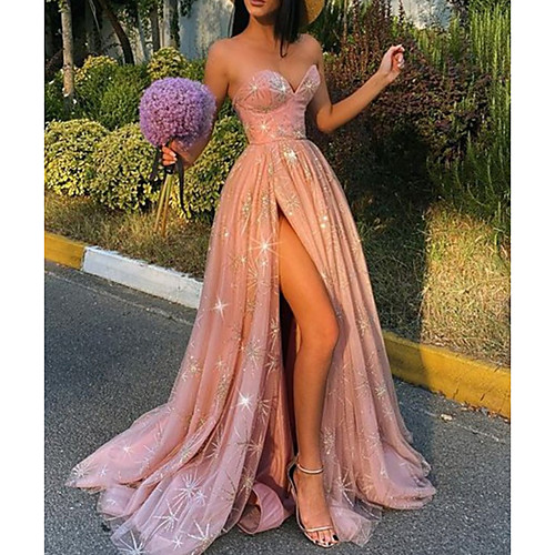 

A-Line Glittering Sexy Engagement Prom Dress Sweetheart Neckline Sleeveless Sweep / Brush Train Tulle with Pleats Sequin Split 2021