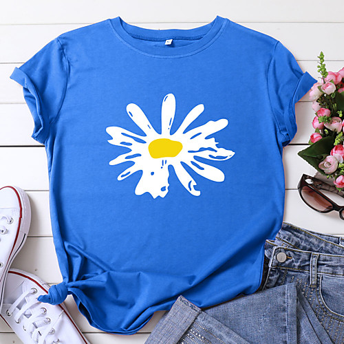 Women's T shirt Flower Print Round Neck Tops 100% Cotton Basic Basic Top White Black Blue
Women's T shirt Flower Print Round Neck Tops 100% Cotton Basic Basic Top White Black Blue