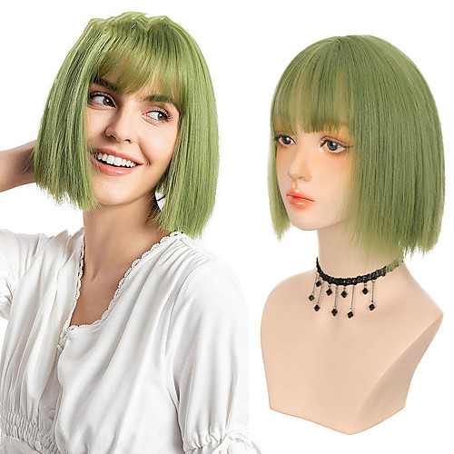

11-inch Synthetic Short Straight Bob Wig with Bang Heat Resistant Green Lolita Anime Cosplay Wigs for Women Daily Hair