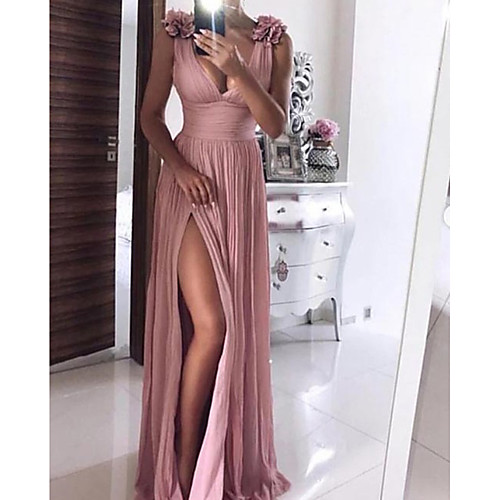 Sheath / Column Sexy Floral Engagement Formal Evening Dress V Neck Sleeveless Sweep / Brush Train Chiffon with Pleats Split Appliques 2021
Sheath / Column Sexy Floral Engagement Formal Evening Dress V Neck Sleeveless Sweep / Brush Train Chiffon with Pleats Split Appliques 2021