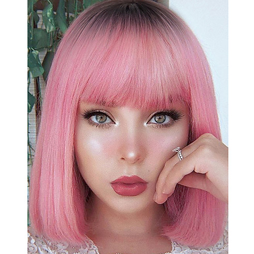 

Synthetic Wig Natural Straight Neat Bang Wig 12 inch A10 A1 A2 A3 A4 Synthetic Hair Women's Cosplay Party Fashion Black Pink