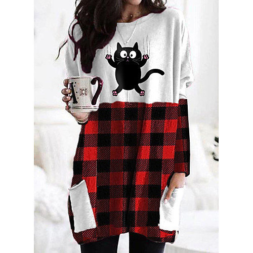 Women's T shirt Dress Cat Plaid Graphic Long Sleeve Patchwork Print Round Neck Tops Basic Basic Top Black Red Wine
Women's T shirt Dress Cat Plaid Graphic Long Sleeve Patchwork Print Round Neck Tops Basic Basic Top Black Red Wine