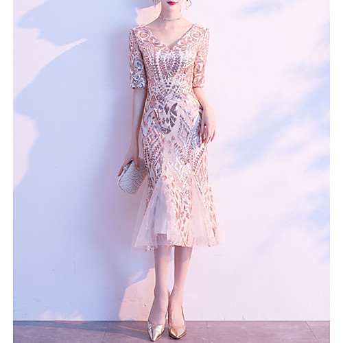 Sheath / Column V Neck Ankle Length Tulle / Sequined Bridesmaid Dress with Sequin
Sheath / Column V Neck Ankle Length Tulle / Sequined Bridesmaid Dress with Sequin