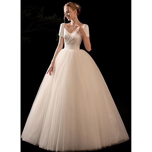 Princess Ball Gown Wedding Dresses V Neck Floor Length Satin Tulle Short Sleeve Formal Romantic Simple with Pleats 2021
Princess Ball Gown Wedding Dresses V Neck Floor Length Satin Tulle Short Sleeve Formal Romantic Simple with Pleats 2021