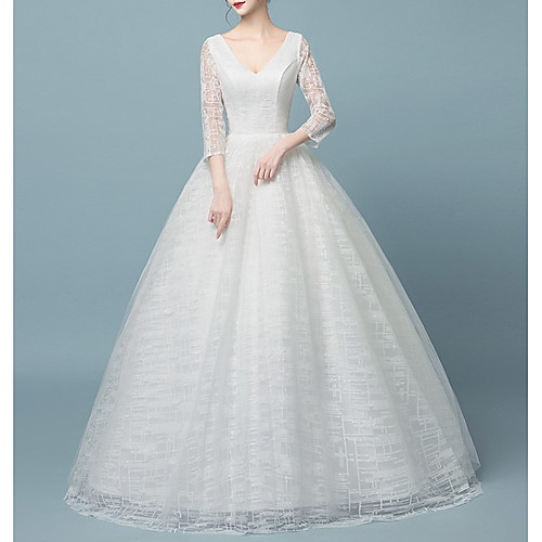 Princess Ball Gown Wedding Dresses V Neck Floor Length Lace Tulle 3/4 Length Sleeve Formal Romantic with Appliques 2021
Princess Ball Gown Wedding Dresses V Neck Floor Length Lace Tulle 3/4 Length Sleeve Formal Romantic with Appliques 2021